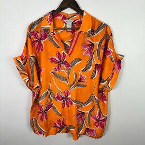 Multiples Floral Top Women‎ XL Orange Pink Split Neck Resort Boho Tropical